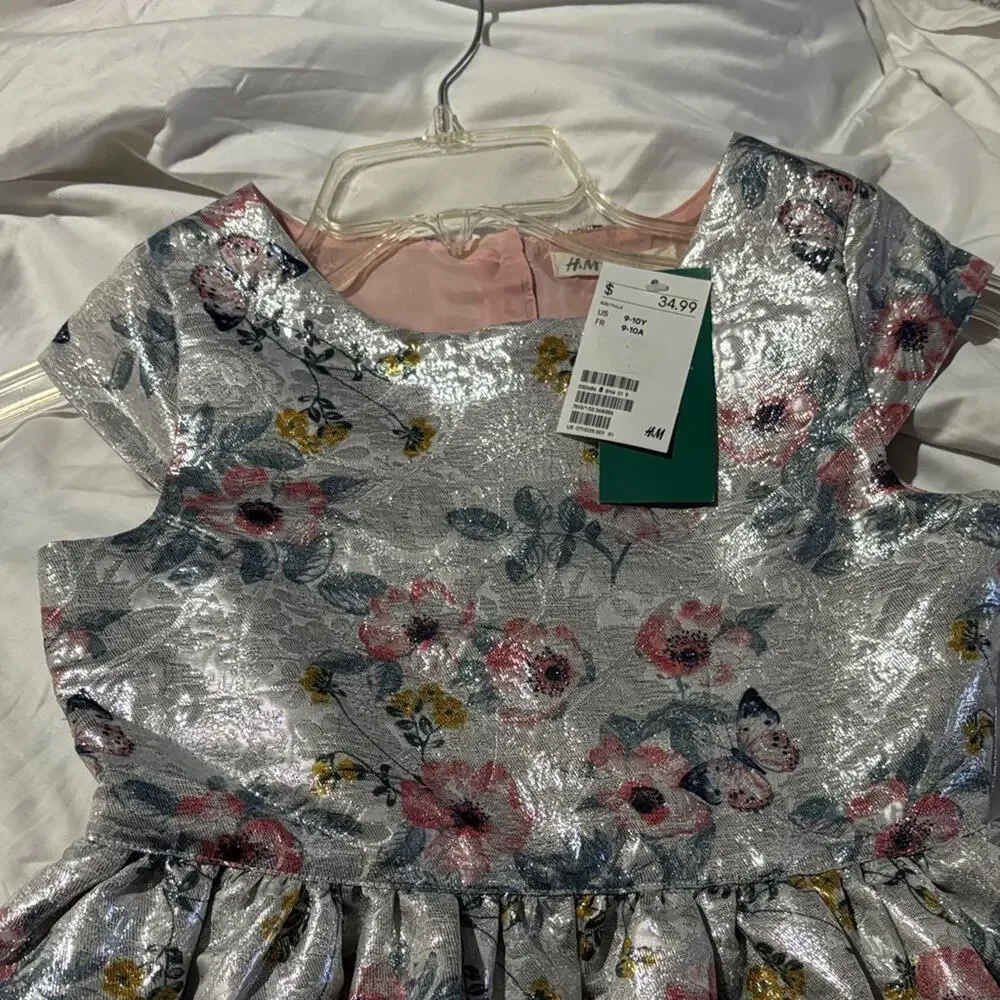 H & M 9/10 Floral Metallic Dress new with tags nwt pink mustard fall look shiny